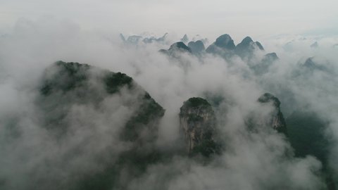 aerial view of Li River and Karst mountains after rain. Located near Yangshuo County, Guilin City, Guangxi Province, China