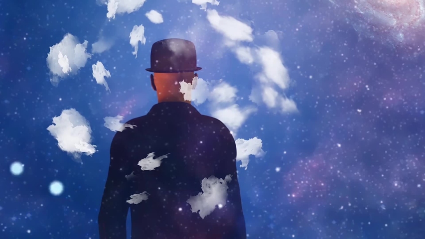 Man in black suit. Clouds around his head