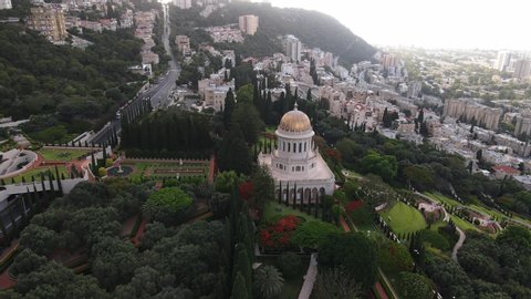 Haifa, Israel, June 19, 2020 : Aerial view of downtown of Haifa, Bahai Garden and Bahai Temple in Haifa, Israel