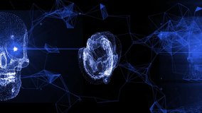 Blue hologram skulls with plexus of data, spinning around self with glistening eyes. The clip can be connected with "Techno Skull 1 - 1" and "Techno Skull 1 - 2" side by side to widescreen. - Powered by Shutterstock - Get 15% off with code: PIKWIZARD15