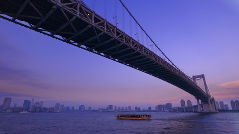 Huge bridges and waterfront buildings in Tokyo Bay. Tokyo is the capital of Japan