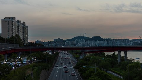 Time lapse 4K Sunset and capital of South Korea best landmark in Seoul, South Korea.