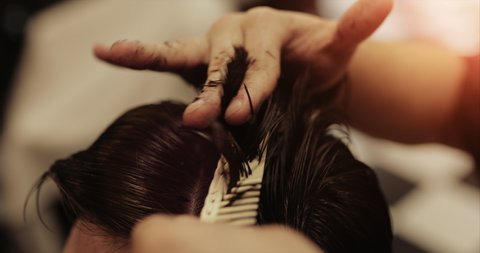 Hair care. Men's haircut in a barbershop. Haircut with scissors. Video 4k