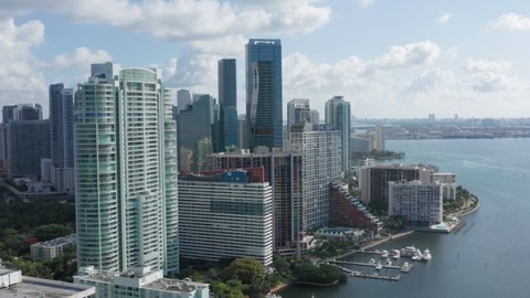 4K aerial overview of Miami Downtown. Beautiful business and residential buildings are at the frontline. Expensive apartments in the skyscrapers with the Atlantic Ocean view in Florida, USA