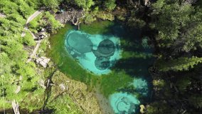 Aerial video of blue geyser lake in a pine forest