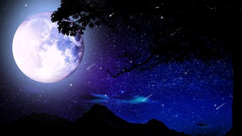 beautiful moon on mountain and shooting stars, loop motion background 4K.