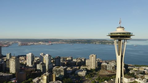 Seattle, WA / USA - June 23, 2020: Drone Reveals Seattle's Skyline with Mount Rainier in Distance