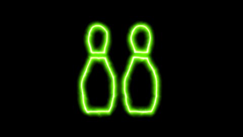 The appearance of the green neon symbol bowling pins. Flicker, In - Out. Alpha channel Premultiplied - Matted with color black