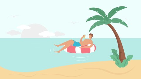 Animated cartoon design of young man drinking a cocktail and lying on an inflatable float while enjoying sunset view on the beach. Shot in 4k resolution