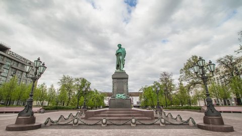 2020/05/09, Monument to Russian famous poet Alexander Pushkin on Pushkin Square in Moscow, Russia. Time lapse