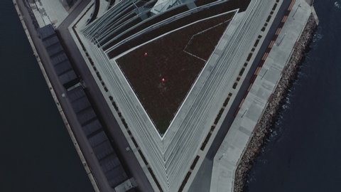 AARHUS, DENMARK - JUNE 2020: Drone Flight Over Modern Building In The Port Of Aarhus, Denmark