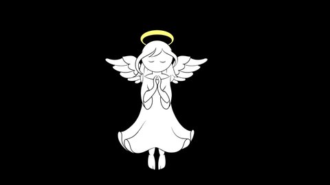 A drawn stylized angel with moving wings and a halo above his head hangs in space with his hands folded in prayer. Animation video with a black and white mask of brightness for cutting the background.
