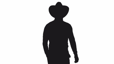 Black and white silhouette of elegant confident man in cowboy hat walking, Full HD footage with alpha transparency channel isolated on white background