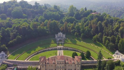Dolly zoom. Turin, Italy. Villa della Regina with park, Aerial View