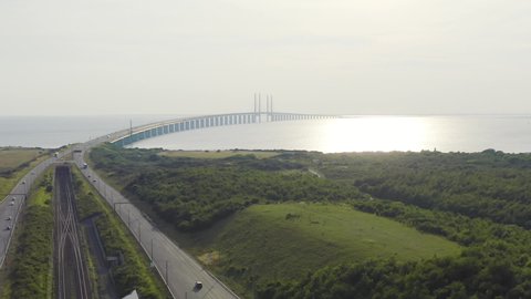 Dolly zoom. Oresund bridge. A long tunnel and bridge with an artificial island between Sweden and Denmark., Aerial View