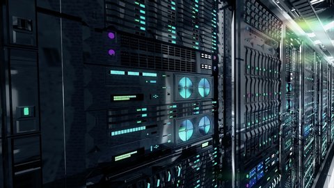 Data center with powerful endless servers.  Working Data Center With Rows of Rack Servers. Network and data servers.Server room with twinkling lights. 4K high quality seamless loop animation.