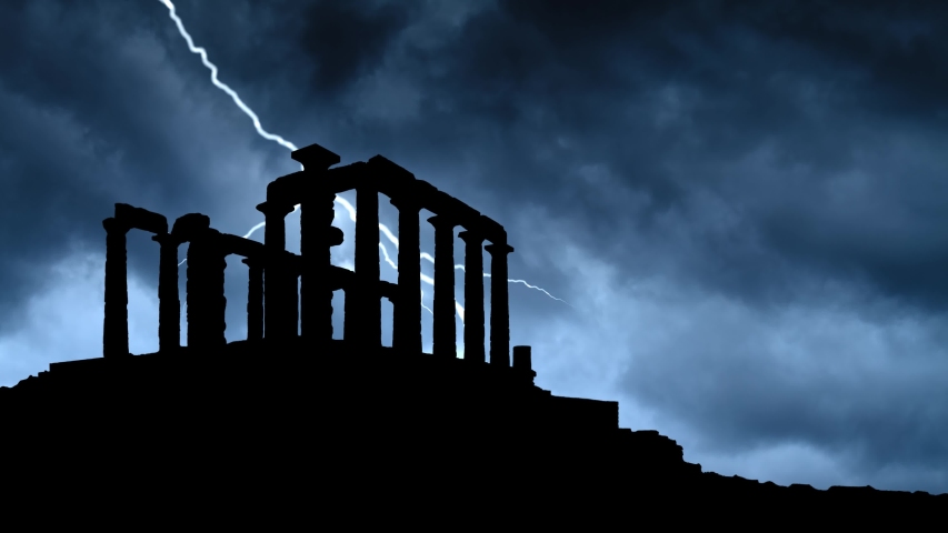 Ancient Greek Temple of Poseidon at Cape Sounion near Athens, Lightning and Storm Time Lapse, Greece, Europe Royalty-Free Stock Footage #1054908413