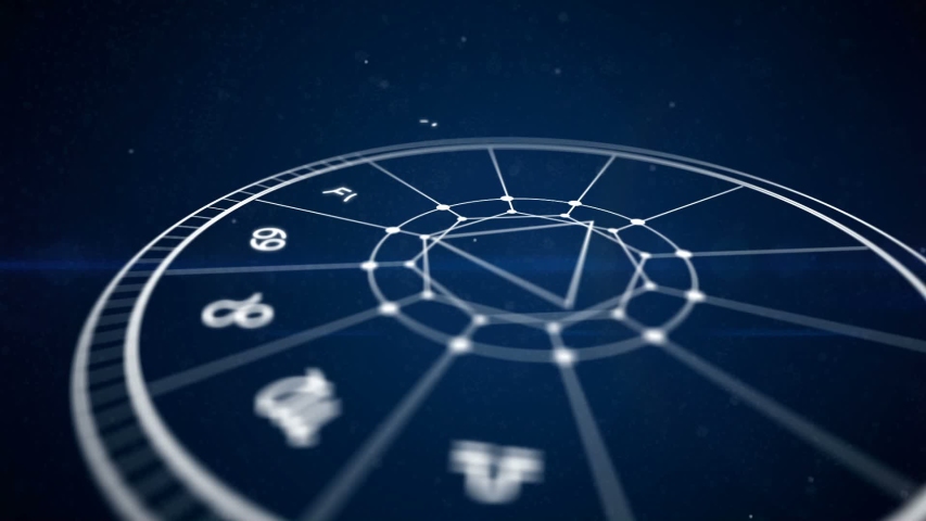 Amazing 3d rendering of Zodiac symbols including Libra, Leo, Aquarius etc, falling on a rotating horoscope with a diamond and a triangular inside of it. | Shutterstock HD Video #1054908677
