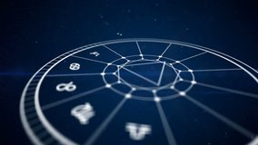 Amazing 3d rendering of Zodiac symbols including Libra, Leo, Aquarius etc, falling on a rotating horoscope with a diamond and a triangular inside of it. - Powered by Shutterstock - Get 15% off with code: PIKWIZARD15