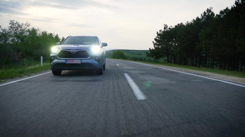Bursuc, Republic of Moldova: 11 June 2020. Test Drive Toyota Highlander. Dynamic Front Exterior Images.