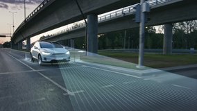 Autonomous Self Driving Car Moving Through City, Overtaking Other Vehicles. Animated Scanning Visualization Concept: Artificial Intelligence Digitalizes and Analyzes Road Ahead. Moving Frontal View - Powered by Shutterstock - Get 15% off with code: PIKWIZARD15