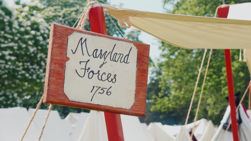 Youngstown, NY, Jujy 2019: The sign on the imitation of old military tents labeled Maryland force in 1756