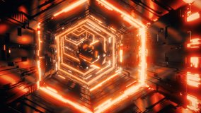 Abstract hexagonal tunnel motion background. A mirror polyhedron followed by vivid orange neon lights is flying along a dark hexagonal corridor. 3D rendering animated 4k video. - Powered by Shutterstock - Get 15% off with code: PIKWIZARD15
