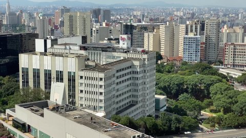 Sao Paulo, Brazil - may 7, 2020: Aerial view of the Beneficencia Portuguesa (BP) hospital. One of the main medical establishment and health reference in town.