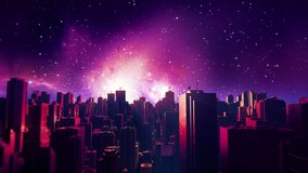 Retro futuristic city flythrough seamless loop. 80s sci-fi synthwave landscape in space with stars. Looping vaporwave stylized VJ 3D animation for EDM music video, videogame intro. 4K motion design