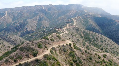 Aerial view of hiking trails on the top of Santa Catalina Island mountains. California, USA