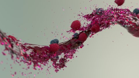 Stream of juice with ripe berries, raspberries and blueberries. Slow motion realistic animation in 4k.
