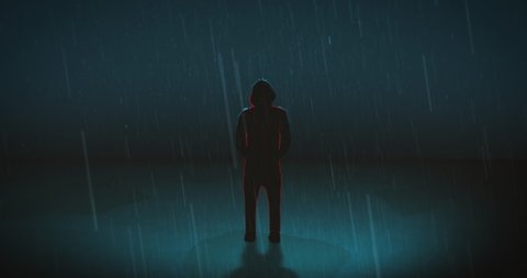 Rain is pattering on a hooded person standing in a puddle - Digital animation loop