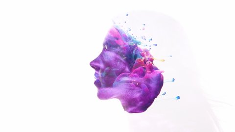 Surreal portrait. Spiritual universe. Colorful paint swirl in woman head silhouette double exposition isolated on white.