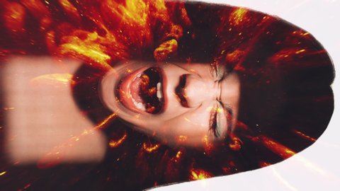 Furious portrait. Anxiety frustration. Glitter abstract fire flames in screaming woman silhouette double exposition.