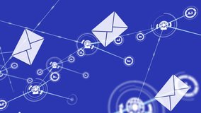 Animation of network of connections with globe and statistics icons, digital data processing envelope email message icons falling on blue background. Digital network of global connections networking  - Powered by Shutterstock - Get 15% off with code: PIKWIZARD15
