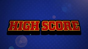 Animation of vintage video game screen with the words High Score written in red letters appearing on speech bubble with blue glowing light bolt on blue background. Vintage video game concept. - Powered by Shutterstock - Get 15% off with code: PIKWIZARD15