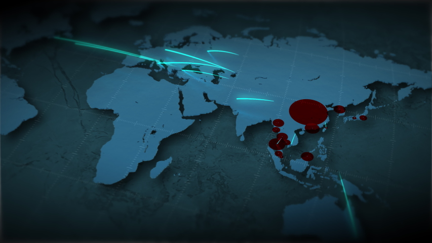 Abstract rendering of flight paths, explaining how the respiratory virus has spread around the world during the Corona, Covid-19 virus pandemic.
Circles showing number of coronavirus cases per country - Powered by Shutterstock - Get 15% off with code: PIKWIZARD15