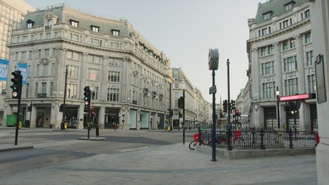 London, Oxford St / England - May 2020: Empty streets at sunrise during coronavirus global pandemic shot on Red dragon x 6K 50fps
