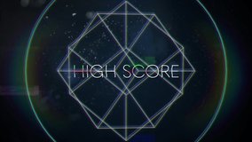 Animation of vintage video game screen with the words High Score written in white capital letters with geometric shapes rotating rainbow halo spots of light on dark blue background. Vintage video game - Powered by Shutterstock - Get 15% off with code: PIKWIZARD15