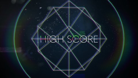 Animation of vintage video game screen with the words High Score written in white capital letters with geometric shapes rotating rainbow halo spots of light on dark blue background. Vintage video game