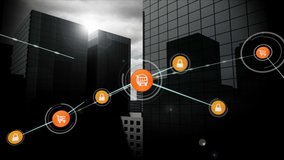 Animation of network of connections and icons moving over a cityscape in black and white in the background. Digital network of global connections networking business concept. - Powered by Shutterstock - Get 15% off with code: PIKWIZARD15