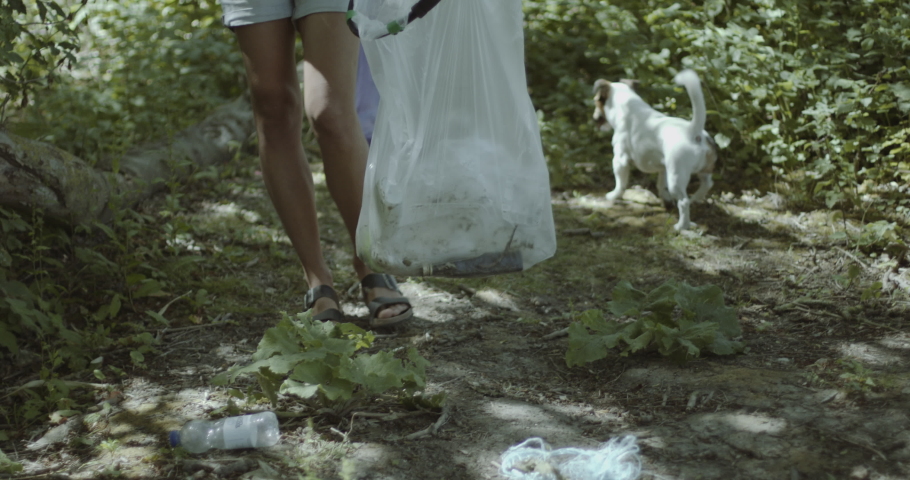 Environmental activist collecting garbage with a trash grabber stick in forrest with dog walking on their walk
