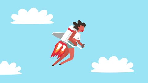 Stick Figure Color Pictogram Rocket Woman Girl Character Flies with Jet Pack in the Sky Cartoon Animation