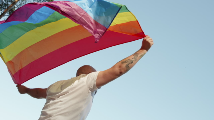 Homosexual man holding rainbow gay flag while parade on background of blue sky. Happy guy wearing heart sunglasses demonstrate his rights. LGBTQI, Pride Event, LGBT Pride Month, Gay Pride Symbol Royalty-Free Stock Footage #1054989773