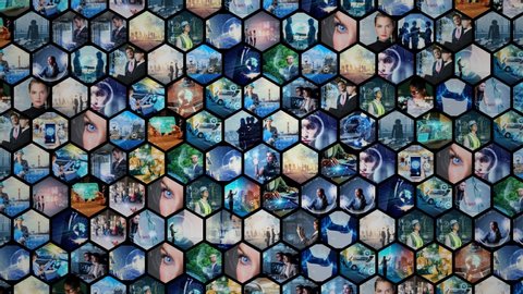 Background animation of hexagonal picture tiles. Business strategy. Science technology.