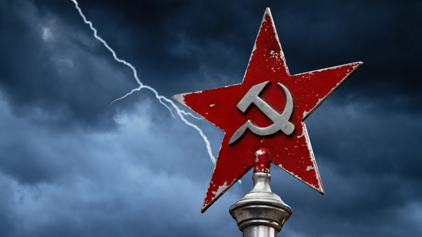 The Hammer and Sickle in Red Star, Concept of Communism with Thunderstorm and Lightning in Background Royalty-Free Stock Footage #1055009819