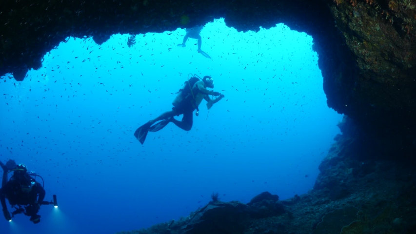 scuba divers exploring underwater cave scenery with corals and tropical fish healthy ocean scenery Royalty-Free Stock Footage #1055010299