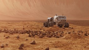 Rover drives on Martian surface. Starship in the background 4K 3D animation