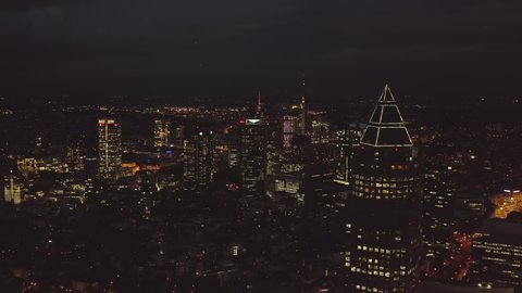 AERIAL: Over Frankfurt am Main, germany Skyline at Night, Big City, Lights, Skyscraper