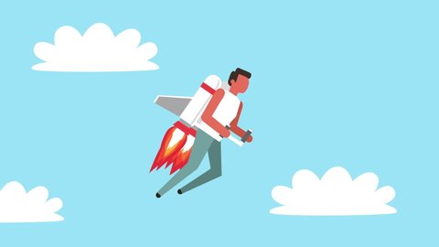 Stick Figure Color Pictogram Rocket Man Character Flies with Jet Pack in the Sky Cartoon Animation